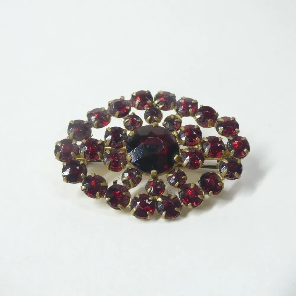 Red Brooch Czechoslovakia Signed Czech Glass Vintage Pin Oval Bohemian